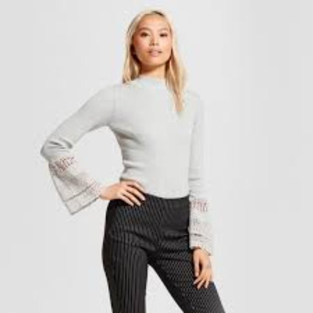 Who What Wear Lightweight Mock Neck Gray Sweater Crocheted Bell Sleeves size S